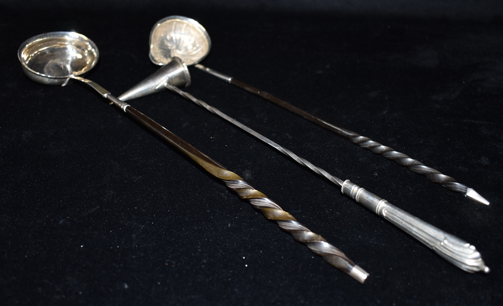 ANTIQUE SILVER HORN HANDLED TODDY LADLES & SILVER PLATED CANDLE SNUFFER One ladle with floral and