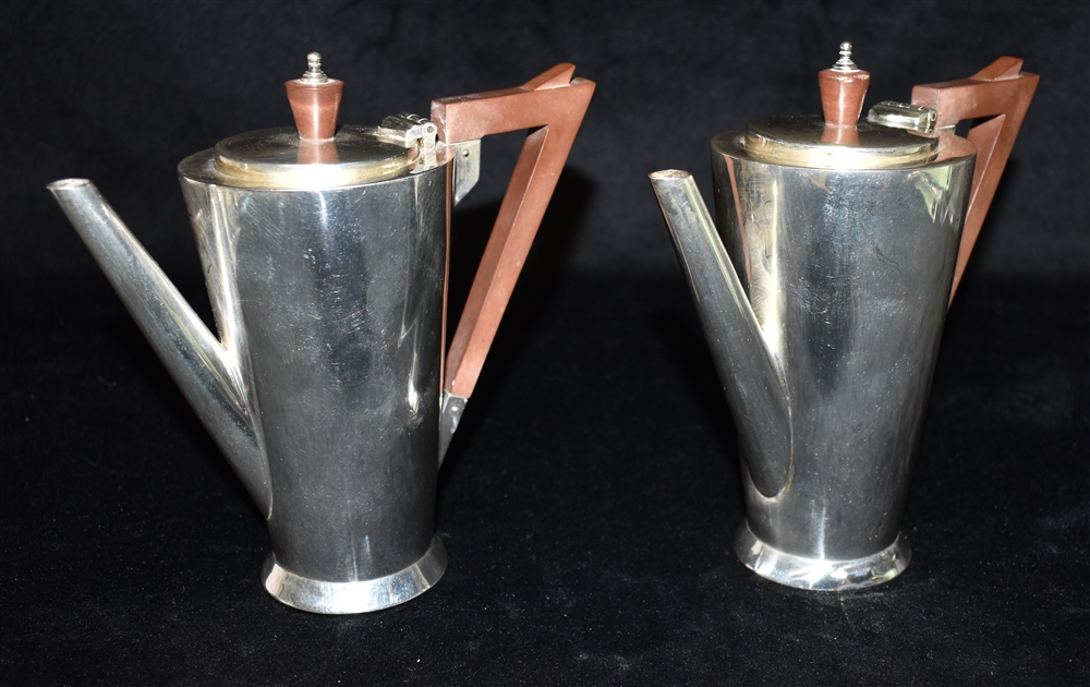 PAIR OF SILVER ART DECO COFFEE POTS An elegant pair standing 14.5cm high, with possibly Bakelite - Image 2 of 3