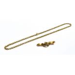 ANTIQUE HALF SEED PEARL & GARNET BAR BROOCH & 9CT GOLD CHAIN 9ct gold Art Nouveau bar brooch, set