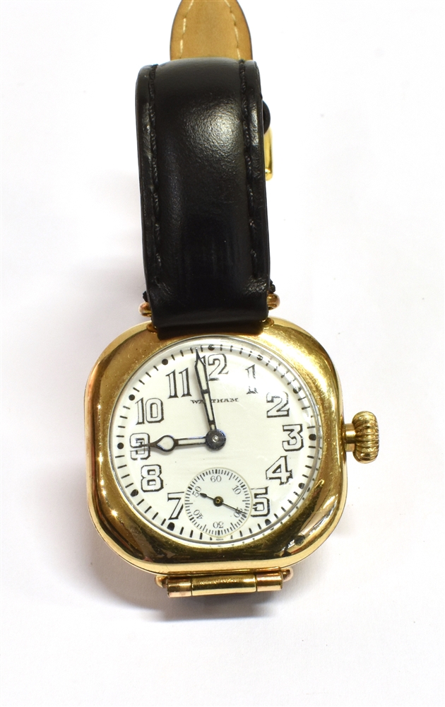 VINTAGE WALTHAM WRISTWATCH 3.5cm diameter cushion shaped case (including crown), gold filled, inside