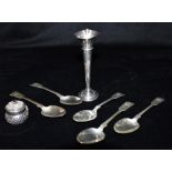 SILVER VASE, GARNET TOPPED BOX & SPOONS Bud vase stands 12.5cm tall, Hallmarked Birmingham 1973. A