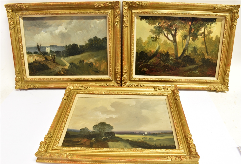 ENGLISH SCHOOL Three Landscape scenes Oils on board 24cm x 33.5cm Uniformly framed Condition