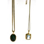 TWO MODERN PENDANTS & GOLD CHAINS One 3.0 x 1.7cm oval bezel set malachite in 9ct gold, on 9ct