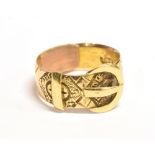 ANTIQUE 15CT ENGRAVED BELT RING Heavily engraved band with belt buckle to front, which is 1.2cm