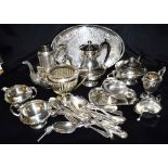 ASSORTED PLATED TABLE WARE To include an Elkington coffee pot, Marlboro plate copper teapot with