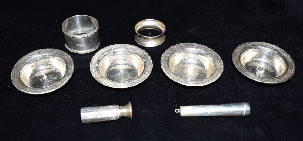 ASSORTED ANTIQUE SILVER ITEMS An engraved screw top scent cannister, hallmarked London 1921, two