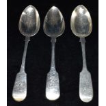 ANTIQUE SILVER SERVING SPOONS Monogrammed handles, fiddle pattern and Hanoverian drop, Georgian