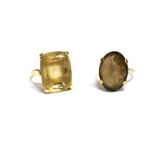 TWO QUARTZ DRESS RINGS One flat claw set cushion cut citrine, approx 17.9 x 14.2mm, on 14ct gold