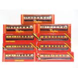 [OO GAUGE]. NINE HORNBY B.R. COACHES all in crimson and dark cream livery, each boxed.