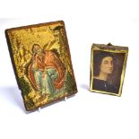 A POLYCHROME PAINTED ICON DEPICTING ELIAS THE PROPHET 22cm x 16cm; and another reproduction plaque