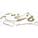 AN ASSORTMENT OF SILVER ITEMS To include a modern articulate fish pendant on chain, an oval engraved