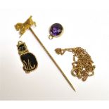 ASSORTED ITEMS INCL AMETHYST PENDANT To include 9ct gold enamel black cat pendant, (stamped) 9ct