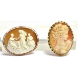 TWO SHELL CAMEOS IN 9CT GOLD FRAMES One finely carved antique oval cameo depicting the three graces,