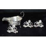 SILVER SAUCE BOAT & PLACE HOLDERS Silver pad foot sauce boat. Makers mark A Bros Ltd. Hallmarked