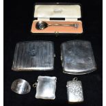 SILVER CIGARETTE & VESTA CASES & GEORGE STEPHENSON COMMERATIVE SPOON One monogrammed cigarette case,