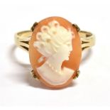 SHELL CAMEO RING IN 9CT GOLD Cameo of a woman with sinistral aspect approx 1.6 x 1.2mm. Hallmarked