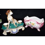 A LARGE JACOB PETIT CONTINENTAL DESK STAND MODELLED WITH SEATED DOG flanked by pounce pot and