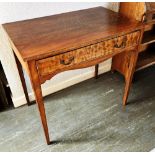 A MAHOGANY SIDE TABLE with frieze drawer and shaped apron, on square tapering supports 82cm wide