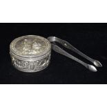 ANTIQUE DUTCH SILVER DECORATIVE BOX & SUGAR TONGS 7.5cm diameter round box heavily embossed hinged