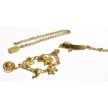 9CT GOLD CHARM BRACELET & MISC GOLD 16cm long flat curb link charm bracelet with seven 9ct gold