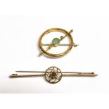 VINTAGE 9CT GOLD BAR BROOCHES One 6cm long with central garnet set spider on steel pin with C hook