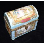 A GILT METAL MOUNTED SEVRES CASKET the domed top painted with a cartouche of courting scene,