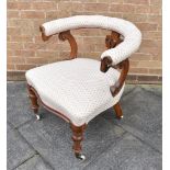 A VICTORIAN RE-UPHOLSTERED ARMCHAIR with carved and pierced splat back, serpentine front seat on