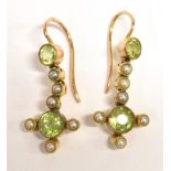 EDWARDIAN SEED PEARL & PERIDOT EARRINGS Dainty 18ct gold (tests as) round mixed cut peridots and