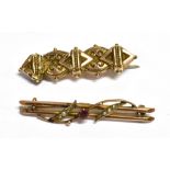 ANTIQUE 9CT GOLD BAR BROOCHES One 4.5cm long seed pearl and garnet double bar brooch, stamped 9ct,