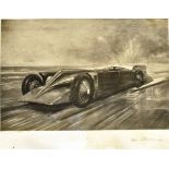 AUTOMOBILIA - BRYAN DE GRINEAU (1883-1957) Golden Arrow on Daytona Beach, monochrome print, signed
