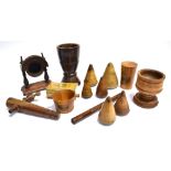 A COLLECTION OF ASSORTED TREEN including Mauchlin ware, pocket watch stand, rolling ruler, turned