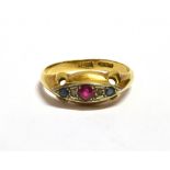 ANTIQUE SYNTHETIC RUBY & PASTE RING 18ct gold navette shaped ring, grain set with a synthetic