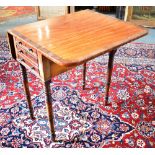 A MAHOGANY DROP-LEAF SIDE TABLE fitted with two drawers, on turned supports, 74cm wide with both