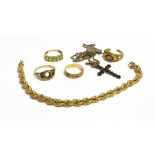 ASSORTMENT OF 9CT GOLD JEWELLERY To include, a peridot channel set ring, size N 1/2, a citrine and