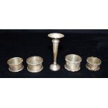 ASSORTED NAPKIN RINGS & SPILL VASE Four individually monogrammed napkin rings, one hallmarked