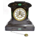 A LARGE VICTORIAN SLATE MANTLE CLOCK with malachite inset decoration and visible escapement, the 8-