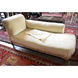 A RE-UPHOLSTERED EDWARDIAN CHAISE LONGUE on turned supports with ceramic casters, 170cm long 70cm