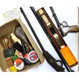AN AIR PISTOL, PELLETS, TWO COPPER POWDER FLASKS And a leather powder flask, gun cleaning kit etc
