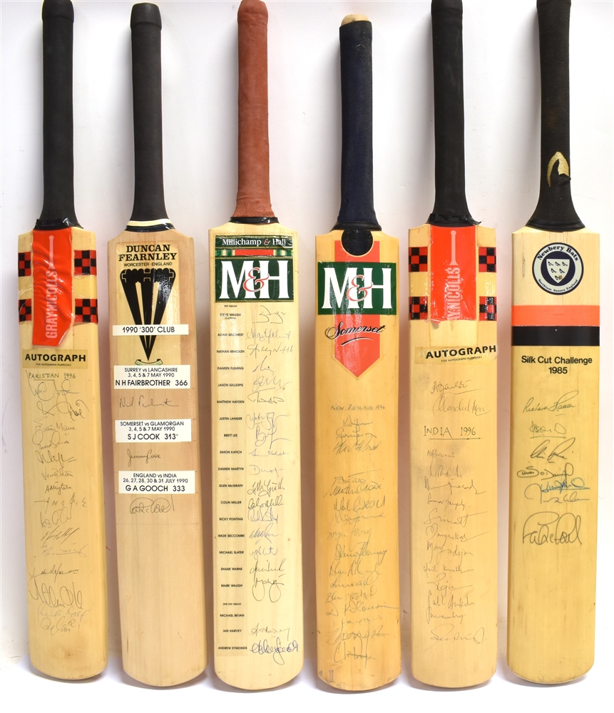 SIX ASSORTED SIGNED CRICKET BATS Silk Cut Challenge 1985; India 1996; Test Squad and One Day