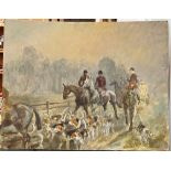 E.REES-DAVIES HUNTSMEN AND HOUNDS ON A TRACK Oil on board (unframed) 35.5cm x 46cm