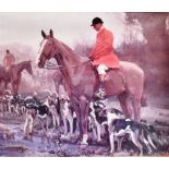 AFTER A.J. MUNNINGS Mounted huntsman with hounds, colour print 39 x 46.5cm