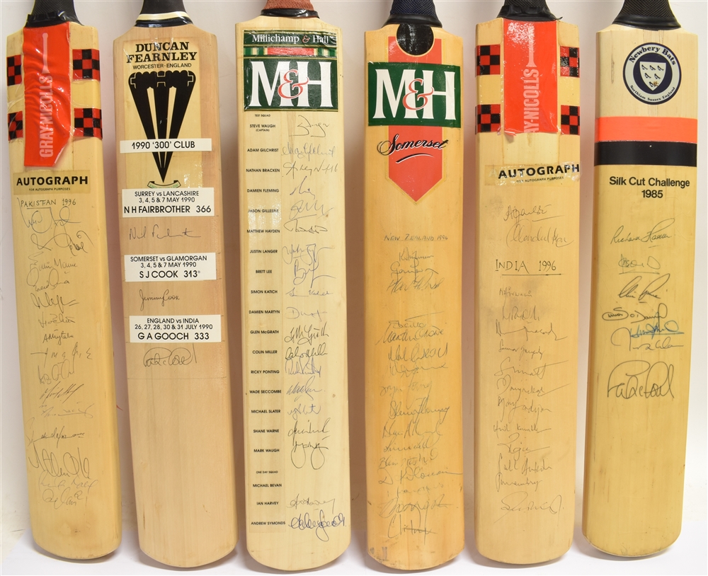 SIX ASSORTED SIGNED CRICKET BATS Silk Cut Challenge 1985; India 1996; Test Squad and One Day - Image 2 of 3