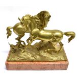 AN ORMOULU EQUESTRIAN GROUP of two horses and a dog with a rectangular fleck marble base, height,