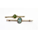ANTIQUE PERIDOT DIAMOND & ZIRCON BAR Two bar brooches, one 5.2cm long 15ct gold with platinum
