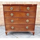 A MAHOGANY CHEST OF TWO SHORT AND THREE LONG DRAWERS with lion mask handles, on ogee bracket feet,