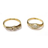 TWO TRADITIONAL DIAMOND 18CT GOLD RINGS One set with three old single and two senaille cut diamonds,