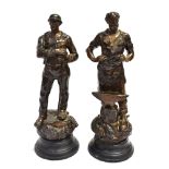 A PAIR OF FRENCH PATINATED SPELTER FIGURES on ebonised composition bases, 45cm high overall