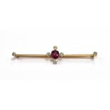 ESTATE SYNTHETIC RUBY & DIAMOND BROOCH 18ct yellow gold (tested) knife edge bar brooch, with central