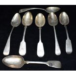 VICTORIAN SILVER SPOONS Seven pudding spoons, four fiddle pattern hallmarked Exeter 1860 and other