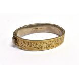 ANTIQUE GOLD FRONT HINGED BRACELET 12.8mm wide scroll and bright cut engraved 9ct gold front,